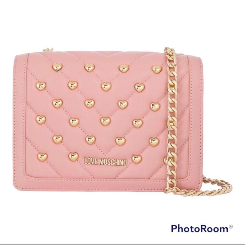 New Love Moschino Heart Studded Women’s Pink Quilted Crossbody Bag